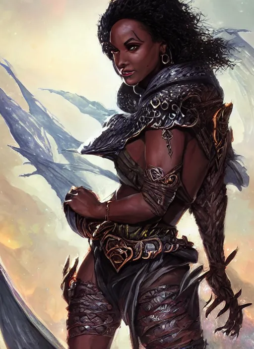 Image similar to black female, ultra detailed fantasy, dndbeyond, bright, colourful, realistic, dnd character portrait, full body, pathfinder, pinterest, art by ralph horsley, dnd, rpg, lotr game design fanart by concept art, behance hd, artstation, deviantart, hdr render in unreal engine 5