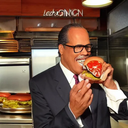 Prompt: nbc's very own lester holt consuming a hamburger