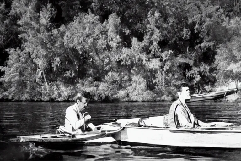 Prompt: surreal art of rod serling on a boat, on a river, with tangerine trees and marmalade skies