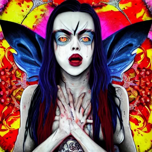 Image similar to 4K headshot of godlike Billie Eilish with defined arms and open hands and bloody clothes with giant mandala wings , intricate runny clown face make-up , flawless anime cel animation by Kentaro Miura, psychedelic , highly detailed upper body , professionally post-processed , beautiful, scary, symmetry accurate features, epic, octane rendered, anime masterpiece, accurate