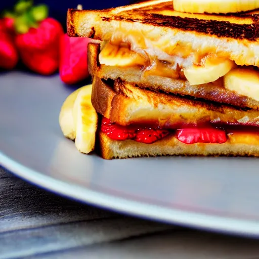 Prompt: a 5 0 mm macro shot of a grilled cheese sandwich with bananas and strawberries