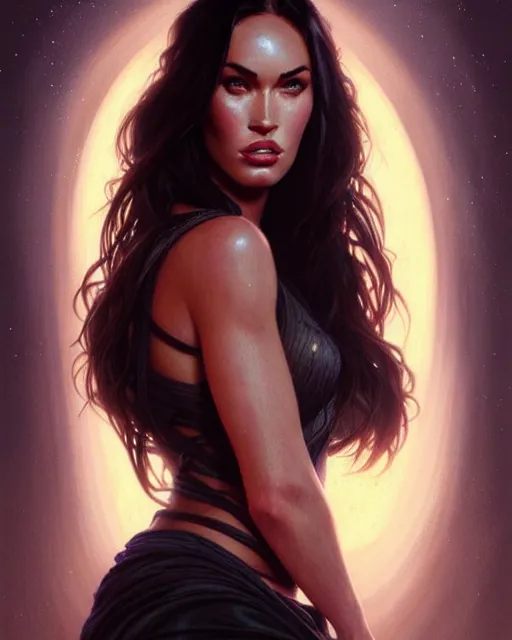 Image similar to portrait of megan fox with sultry face expression, ligh shining from glowing eyes, intricate, headshot, highly detailed, digital painting, artstation, concept art, sharp focus, cinematic lighting, illustration, art by artgerm and greg rutkowski, alphonse mucha, cgsociety