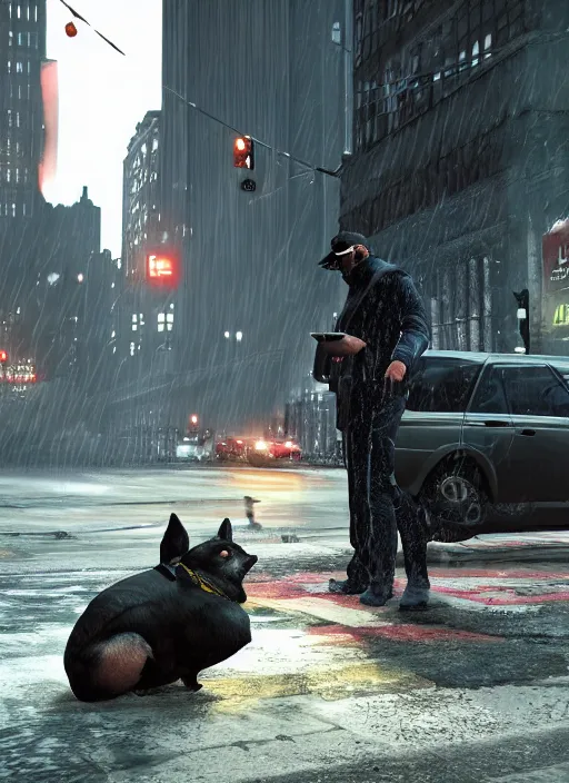 Image similar to watch dogs game, chicago city rainy detailed, a dog is sitting on the street, soft lighting