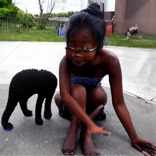 Image similar to Dark skinned girl pets Chibi Godzilla