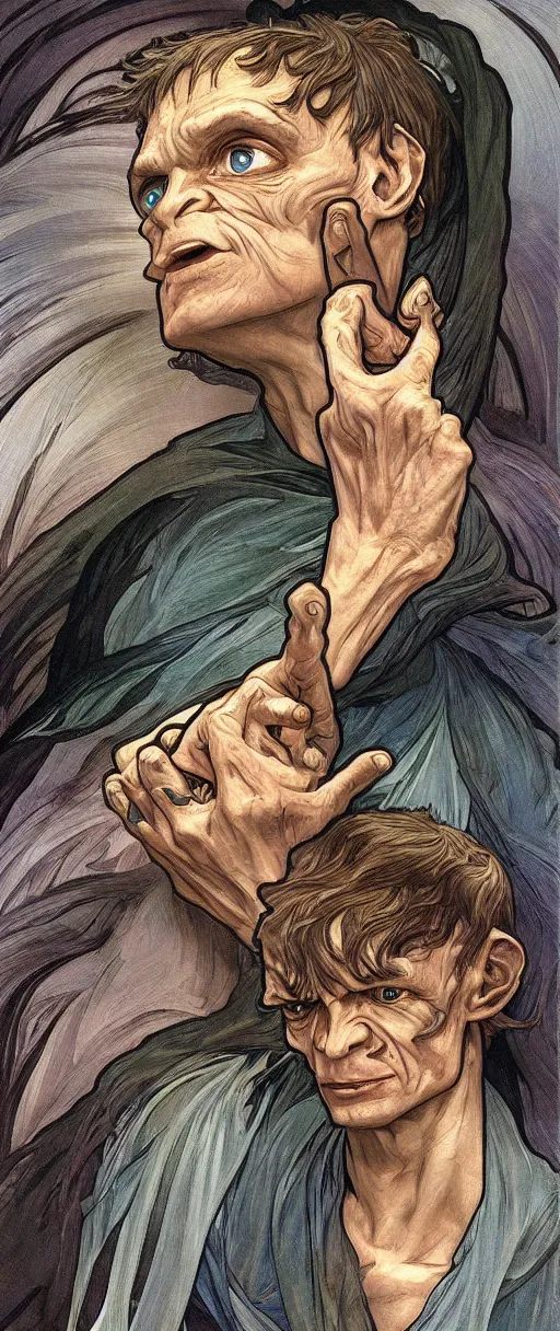 Image similar to vitalik buterin as gollum, art by artgerm and greg rutkowski and alphonse mucha