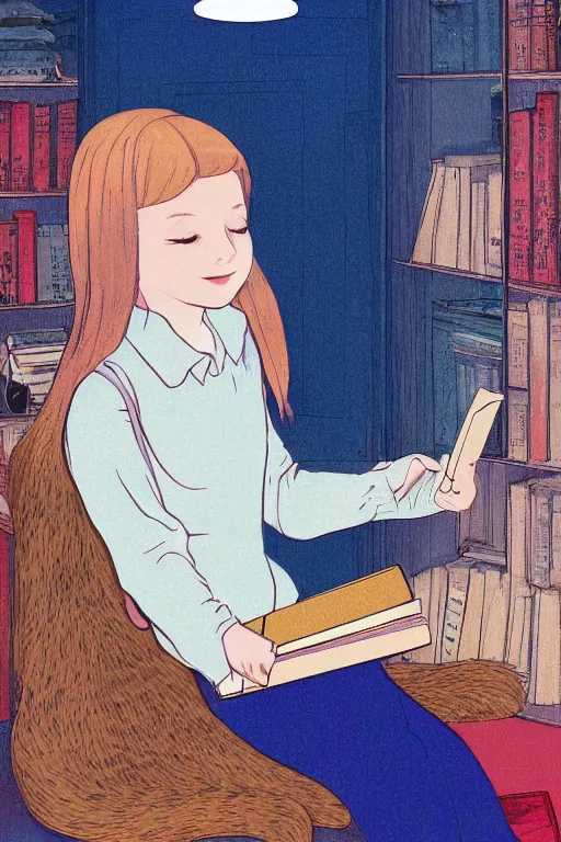 Image similar to a digital painting of a girl reading a book with a cat in A comfortable study room at night,JK uniform ,Hairdryer,blue theme,S line, by anmi and reoenl and mucha