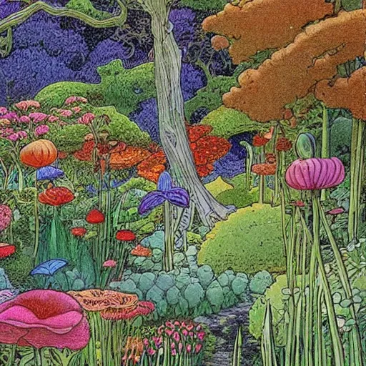 Image similar to an illustration of a beautiful garden, painted by moebius and james jean