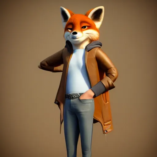 Prompt: 3 d render, portrait, anthropomorphic fox, male, in a brown leather maxi jacket, in the style of zootopia