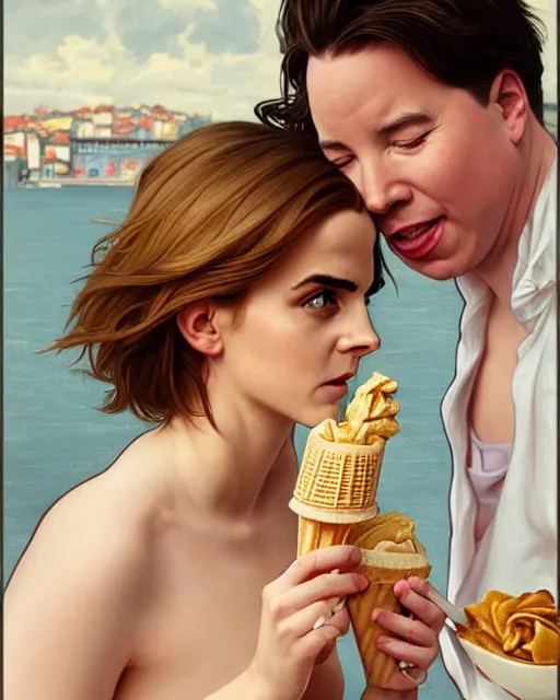 Prompt: Portrait of Michael Mcintyre & blonde Emma Watson eating ice creams in Porto,real life skin, intricate, elegant, highly detailed, artstation, concept art, smooth, sharp focus, art by artgerm and greg rutkowski and alphonse mucha