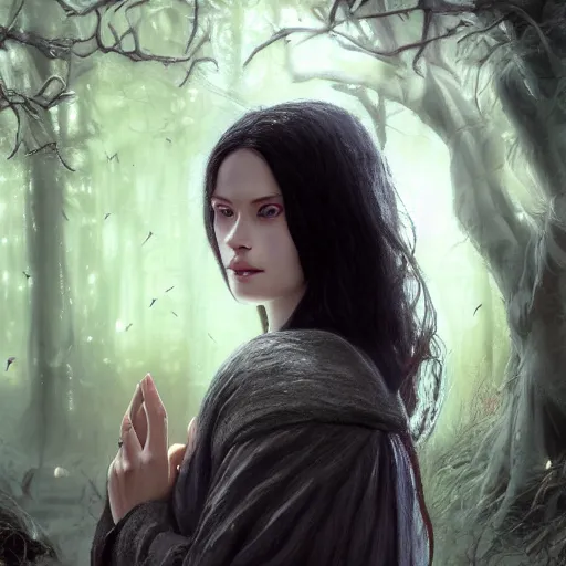Image similar to Masterpiece! portrait of Arwen, an aesthetic beautiful! realistic black haired priestess, 30 years old woman, looks like young Liv Tyler, lotr , praying, with tears, soft cinematic light, digital painting by WLOP, atmospheric effects, fireflies, 8K, octane render, artstation, deviantart, closer view, dark purple blue tones