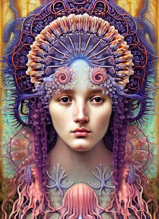 Image similar to hyperrealistic detailed underwater face portrait of the beautiful goddess of the jellyfish with an intricate headgear of corals, sea kelp, sea plants, fish, starfish, jellyfish, art by ernst haeckel, john william godward, android jones, alphonso mucha, gothic - cyberpunk, ornamental, beautiful deep colours,