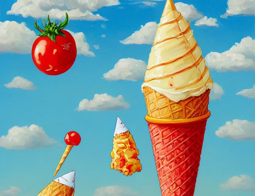 Prompt: a painting of a lazy red tomato on a sunny beach eating ice cream clouds in a cone by james jean