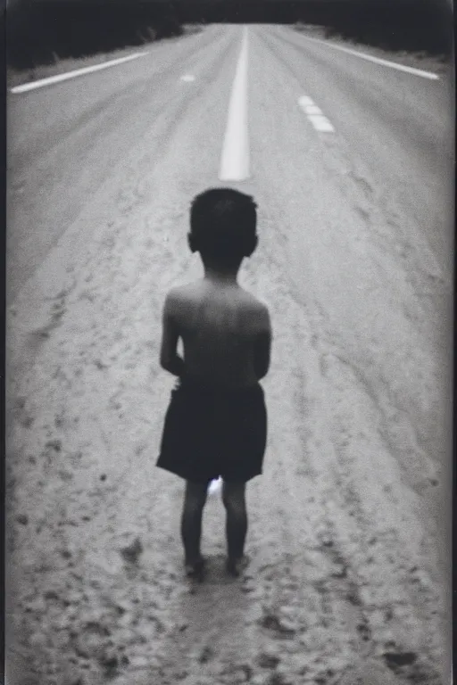 Prompt: photo polaroid of a sad and lonely child in the middle of a road of dry mud, drought, loneliness, black and white ,photorealistic, 35mm film,