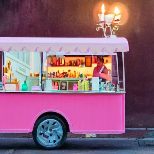 Image similar to pink ice cream man screaming whilst surrounded by relaxing scented candles