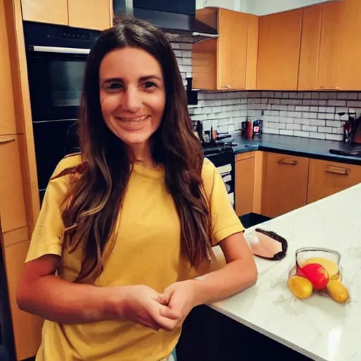 Image similar to a selfie of a brunette female, young, athletic, australian, wearing a gold tshirt in a kitchen