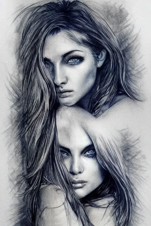 Image similar to tattoo design sketch of a beautiful blue - eyed woman face with a faded background of beautiful mountains and nature on her side, hyper - realistic, in the style of den yakovlev, amazing detail, black and white
