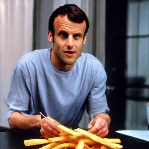 Image similar to Emmanuel Macron wearing fries tee-shirt in American Psycho (1999)