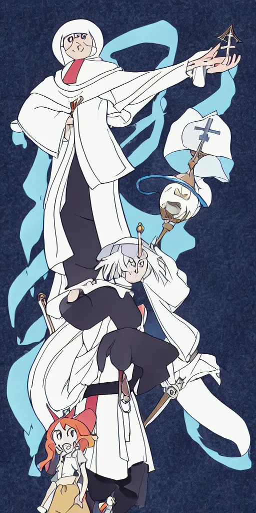 Image similar to the pope drawn by studio trigger, in the style of Little Witch Academia, spiritual enlightenment