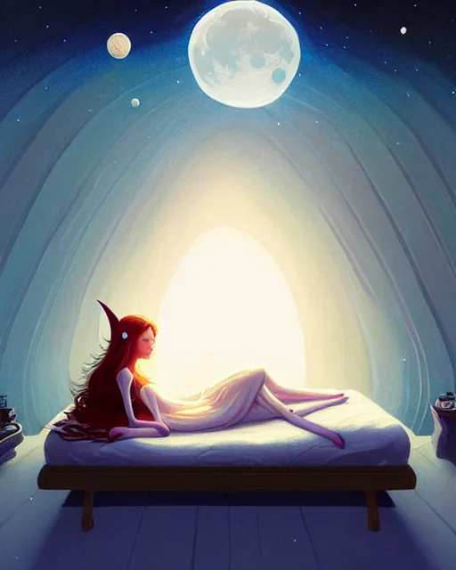 Image similar to beautiful painting of a elven sleeping on her bed with a smiling moon over her, space art, sense of awe, art by mike winkelmann, ross tran, sky night, illustration, highly detailed, simple, smooth and clean vector curves, no jagged lines, vector art, smooth, artstation