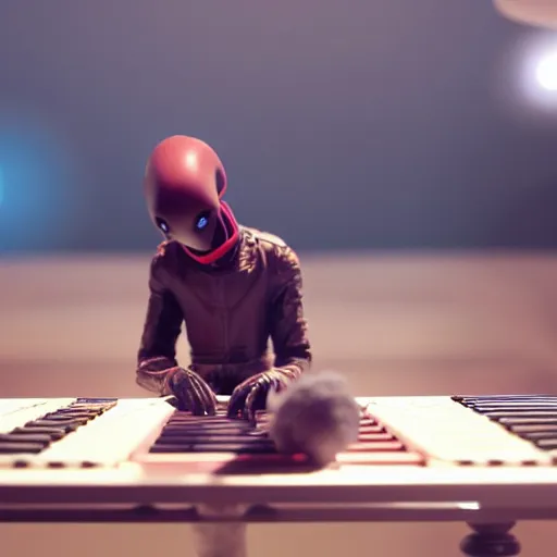 Image similar to cinematic film still of Pharrell Williams Making A Beat with an anthropomorphic alien, Japanese VFX, 2018, 400mm lens, f1.8, shallow depth of field,film photography