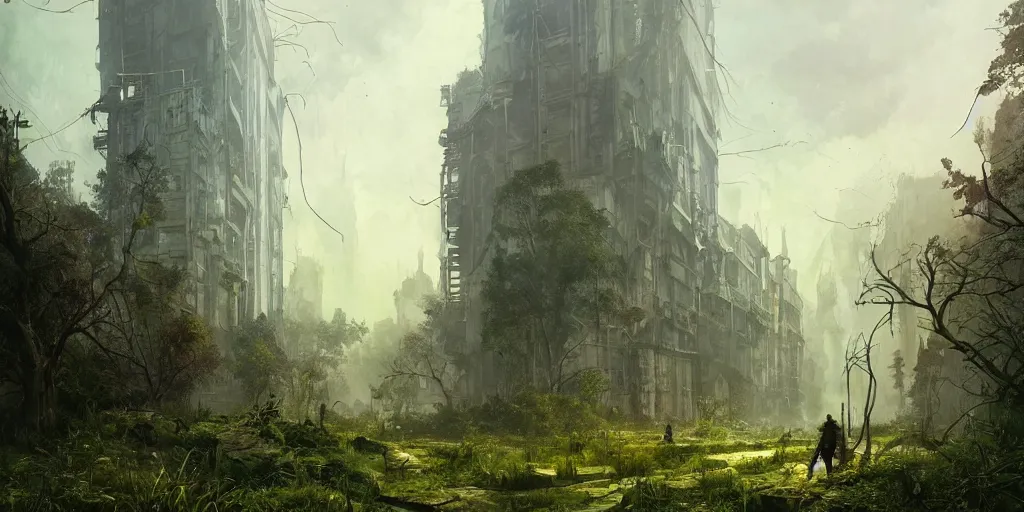 Image similar to postapocalyptic city of warsaw, poland overgrown with vegetation, plantlife and wildlife. fantasy art by greg rutkowski, gustave courbet, rosa bonheur, edward hopper. faithfully depicted architecture, realistic, sharp focus, global illumination, radiant light, detailed and intricate environment, trending on artstation