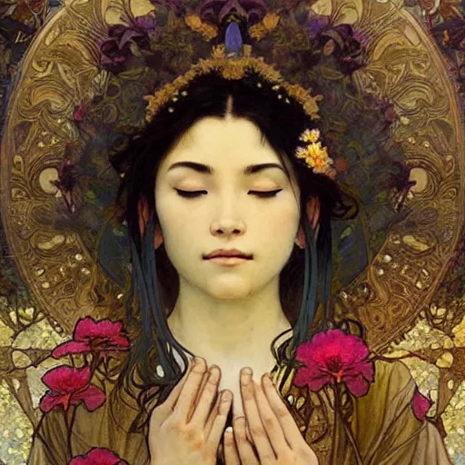 Prompt: beautiful eyes raining flowers bodhisattva, praying meditating, elegant, portrait art by greg rutkowski and alphonse mucha