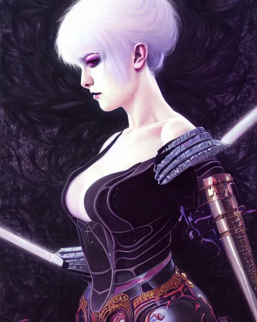 Image similar to portrait of beautiful cute goth girl with short white hairs in warhammer armor, art by ( ( ( kuvshinov ilya ) ) ) and wayne barlowe and gustav klimt and artgerm and wlop
