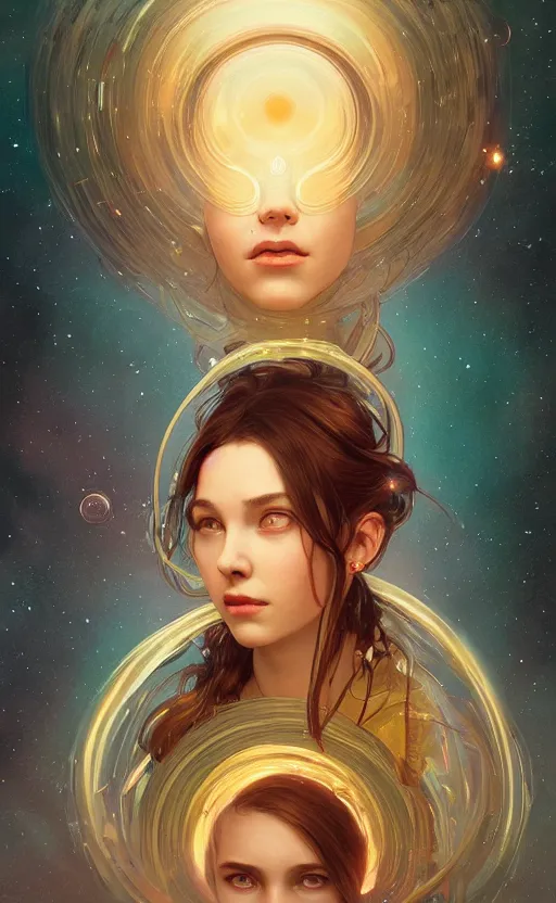 Image similar to portrait of a girl with the universe inside her head, filaments, surreal, intricate, headshot, highly detailed, digital painting, artstation, concept art, sharp focus, cinematic lighting, illustration, art by artgerm and greg rutkowski, alphonse mucha, cgsociety, science fiction