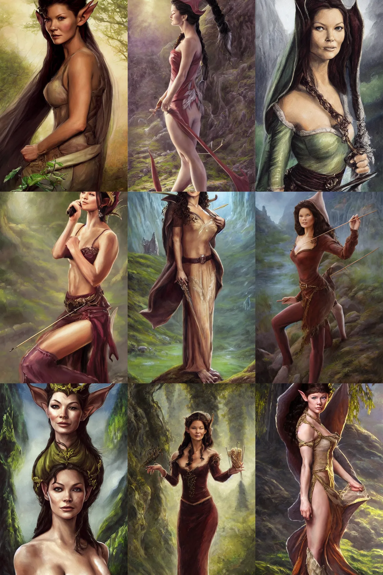 Image similar to a full body high detail fantasy portrait oil painting illustration of young catherine zeta - jones as a beautiful sophisticated singing bard elf by justin sweet with face and body clearly visible, in a scenic background, pupils visible, realistic proportions, d & d, rpg, forgotten realms, artstation trending, high quality, sombre mood, artstation trending, muted colours, entire person visible!