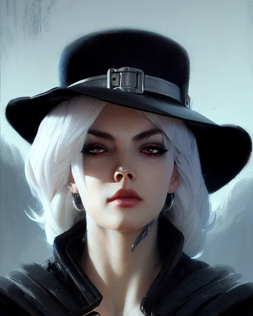 Prompt: ashe from overwatch, white hair, black hat, character portrait, portrait, close up, concept art, intricate details, highly detailed by greg rutkowski, michael whelan and gustave dore