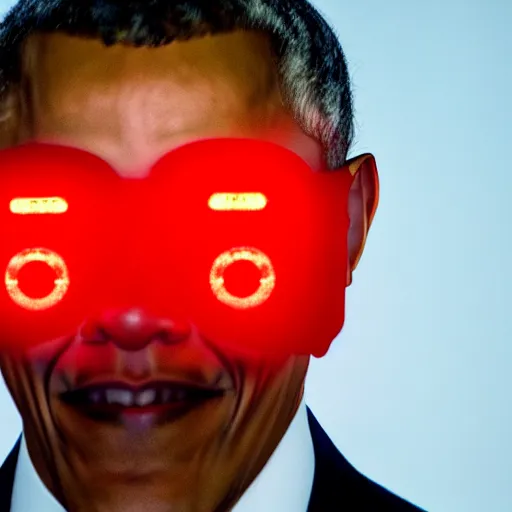 Image similar to Obama eyes are red flashlight glowing eyes, hype realistic flames are burning behind Obama, 40nm lens, 4k,