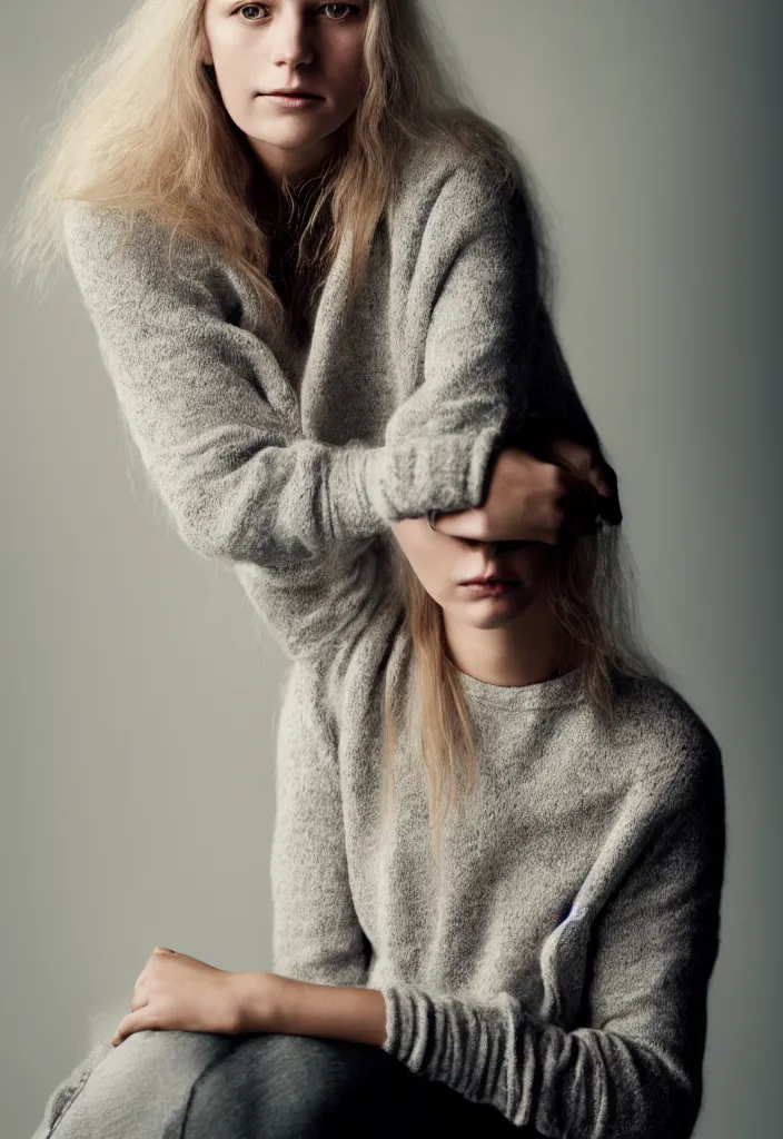 Image similar to portrait of a beautiful young scandinavian woman. casual clothing. studio photo by annie leibovitz.