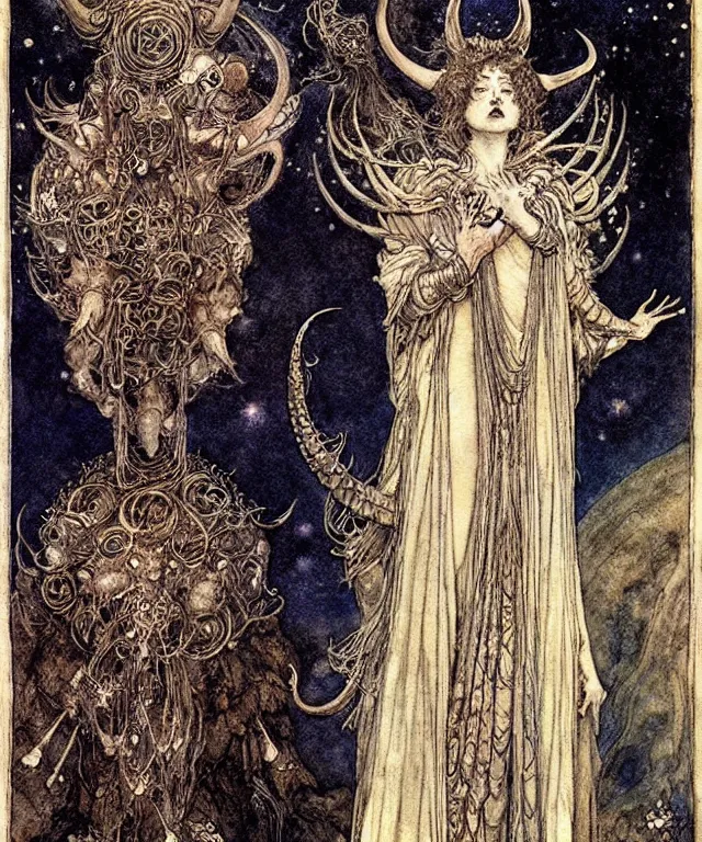 Prompt: A detailed horned many-multiplefaced-goddess stands among the cosmos. Wearing a ripped mantle-robe in cosmic texture. Blurred smudged faces, extremely high details, realistic, fantasy art, solo, masterpiece, colorful art by Arthur Rackham, Eugene de Blaas