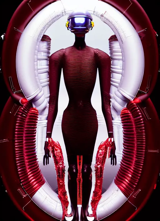 Prompt: background space station, dark red inflateble dress iris van herpen positing on floor, helmet instead of a head, perfect symmetrical, full body shot, inflateble shapes, wires, tubes, veins, jellyfish, white biomechanical details, wearing epic bionic implants, masterpiece, intricate, biopunk, vogue, highly detailed, artstation, concept art