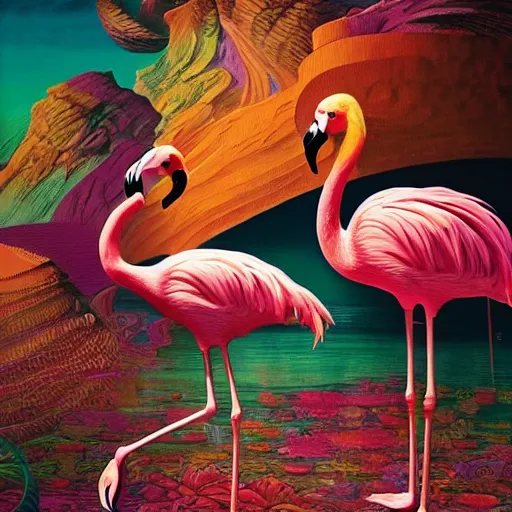 Image similar to hyper detailed 3 d render like an oil painting - a happy toon flamingo in a colorful lsd trip, houdini algorithmic generative render, abstract brush strokes, masterpiece, edward hopper and james gilleard, zdzislaw beksinski, mark ryden, wolfgang lettl, hints of yayoi kasuma, octane render, 8 k