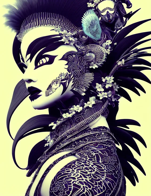 Image similar to 3 d goddess close - up profile portrait punk with mohawk with ram skull. beautiful intricately detailed japanese crow kitsune mask and clasical japanese kimono. betta fish, jellyfish phoenix, bio luminescent, plasma, ice, water, wind, creature, artwork by tooth wu and wlop and beeple and greg rutkowski