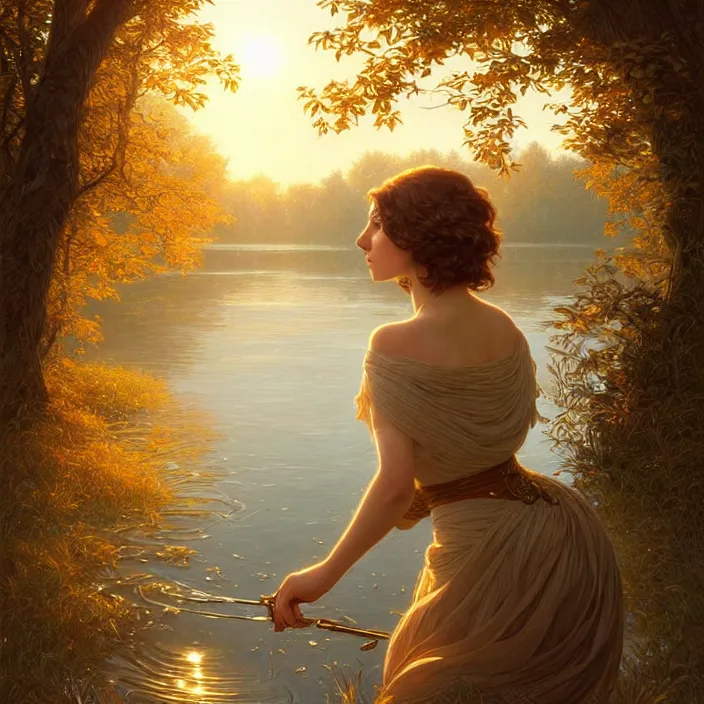 Image similar to a woman with short wavy hair, round face, cottagecore!!, river, trees, golden hour, intricate, elegant, highly detailed, digital painting, artstation, concept art, smooth, sharp focus, illustration, art by artgerm and greg rutkowski and alphonse mucha