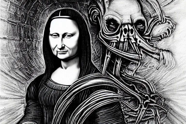 Image similar to monalisa in the style of h.r. giger, in the style of h.r. giger, in the style of h.r. giger, in the style of h.r. giger