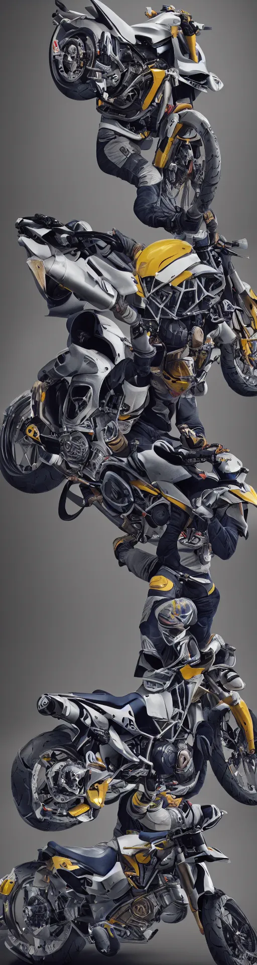 Prompt: Husqvarna motorcycle designs by kiska, octane render, trending on artstation, very coherent symmetrical artwork. cinematic, hyper realism, high detail, octane render, 8k, Dslr, canon 24mm, award winning masterpiece with incredible details, cinematic lighting