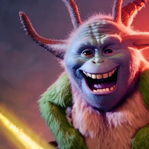 Image similar to ryan reynolds godzilla yoda donkey kong pikachu yeti shrek spongebob homer groot rick sanchez elsa, highly detailed, extremely high quality, hd, 4 k, 8 k, professional photographer, 4 0 mp, lifelike, top - rated, award winning, cinematic, realistic, detailed lighting, detailed shadows, sharp, no blur, edited, corrected, trending