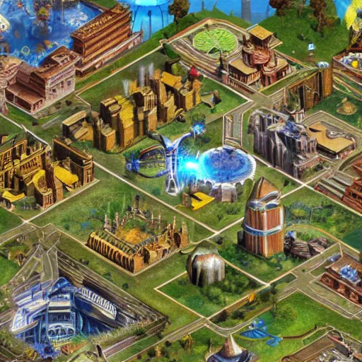 Image similar to imaginary heroes of might and magic city, high resolution and extreme detail, well symmetrically composed, gorgeous lightning