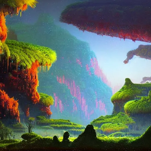 Prompt: digital art of a lush natural scene on an alien planet by paul lehr. extremely detailed. high quality render. beautiful landscape. weird vegetation. cliffs and water.