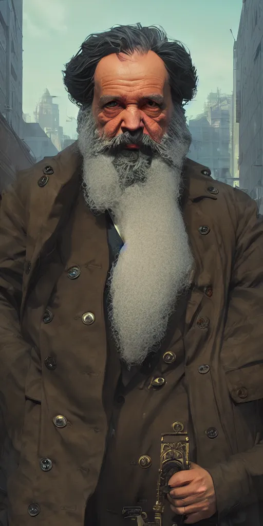 Image similar to highly detailed portrait karl marx in gta v, stephen bliss, unreal engine, fantasy art by greg rutkowski, loish, rhads, ferdinand knab, makoto shinkai and lois van baarle, ilya kuvshinov, rossdraws, tom bagshaw, global illumination, radiant light, detailed and intricate environment