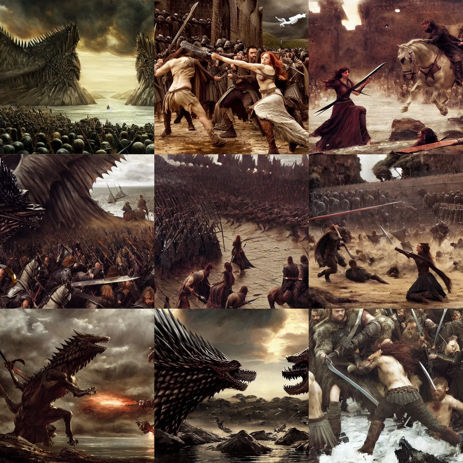 Prompt: game of thrones battle scene, cinematic, hyperdetailed painting, beautiful by john william waterhouse, 8 k