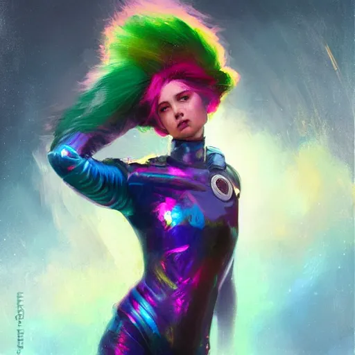 Prompt: girl with rainbow hair wearing futuristic space armor, official art, by jeremy lipking, by charlie bowater, photorealistic expressive oil painting, anime style, cgsociety, digital art