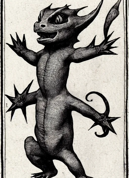 Image similar to charmander, as a demon from the dictionarre infernal, pen - and - ink illustration, etching by louis le breton, 1 8 6 9, 1 2 0 0 dpi scan, ultrasharp detail, hq scan, intricate details, stylized border