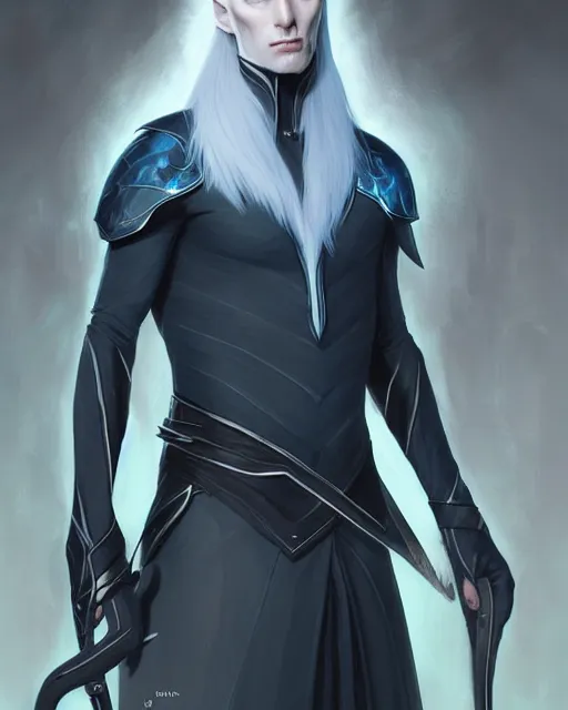 Image similar to character portrait of a slender young half elven man with white hair, piercing blue eyes, and pale blue skin, wearing sleek pearlescent black armor, by greg rutkowski and mark brookes and jim burns and tom bagshaw and magali villeneuve, trending on artstation