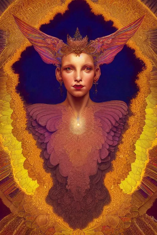 Image similar to full body portrait of an eleven queen with lace wings by artgerm, mandala, rococo, vivid color, complementary color, golden ratio, detailed, sharp lines, sharp focus, intricate, rainbowshift, by maxfield parrish, by peter mohrbacher, by gustave dore, by alphonse mucha, deviantart, octane render