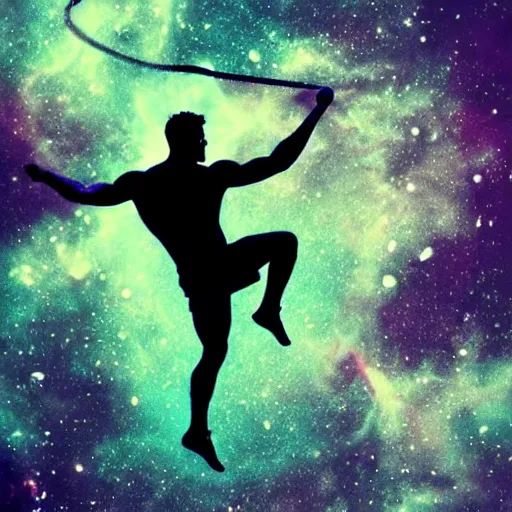 Image similar to athletic man doing a pullup using gymnastic rings, silhouette, long shot, in a cosmic nebula background, matte colors, very very very dramatic, inspiring digital art trending on artstation