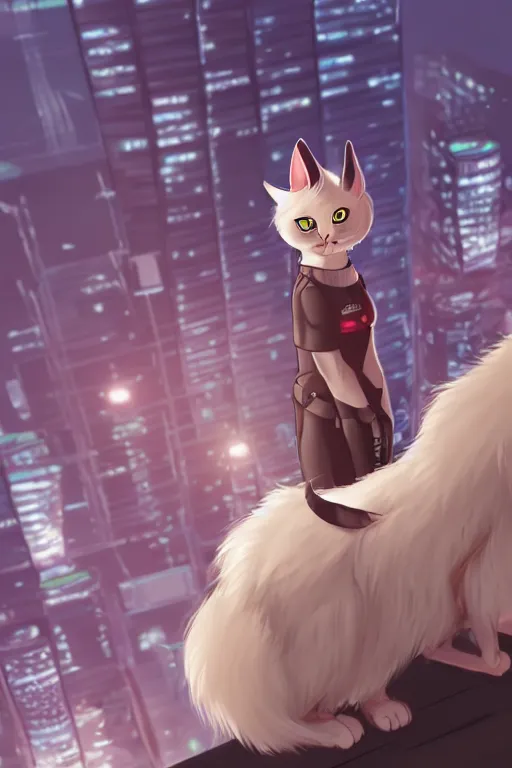 Image similar to a anthropomorphic cat with a fluffy tail staring over a cats city from the top of a roof, trending on furaffinity, cyberpunk, backlighting, cartoon, by kawacy